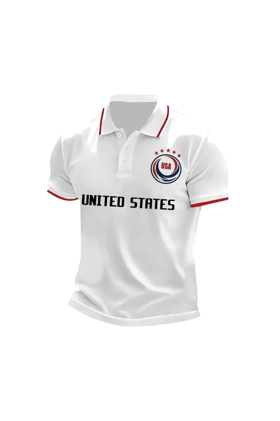 Men’s National Team Graphic Short Sleeve Polo-Shirt – Crewneck Fan Apparel with USA Emblem Design, Casual Sporty Top for Game Day White S
