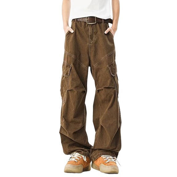 Luvior Men's Washed Cargo Pants High Street Wide Leg Casual Heavyweight Trousers Coffee XXL