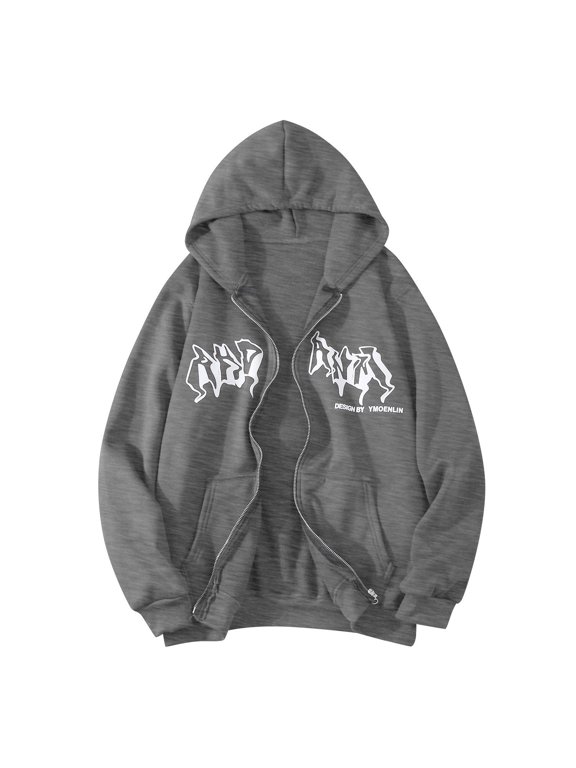 Men's Zip Up Hoodies Hip Hop Sweatshirt, Vintage Goth Print Hooded Jacket, Streetwear Y2K Casual Outerwear