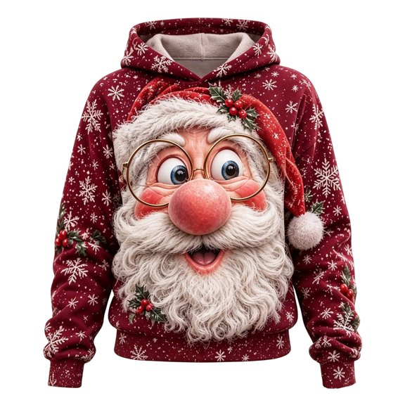 Luvior Mens 3D Santa Print Christmas Hoodie Funny Snowflake Long Sleeve Pullover Xmas Holiday Party Sweatshirt Top - Red S