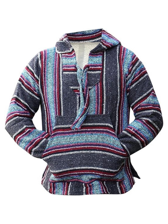 Mexican Hoodie Hippie Surf Poncho Sweater Sweatshirt Pullover, Baja Striped Drug Rug with Pocket, Boho Casual Top