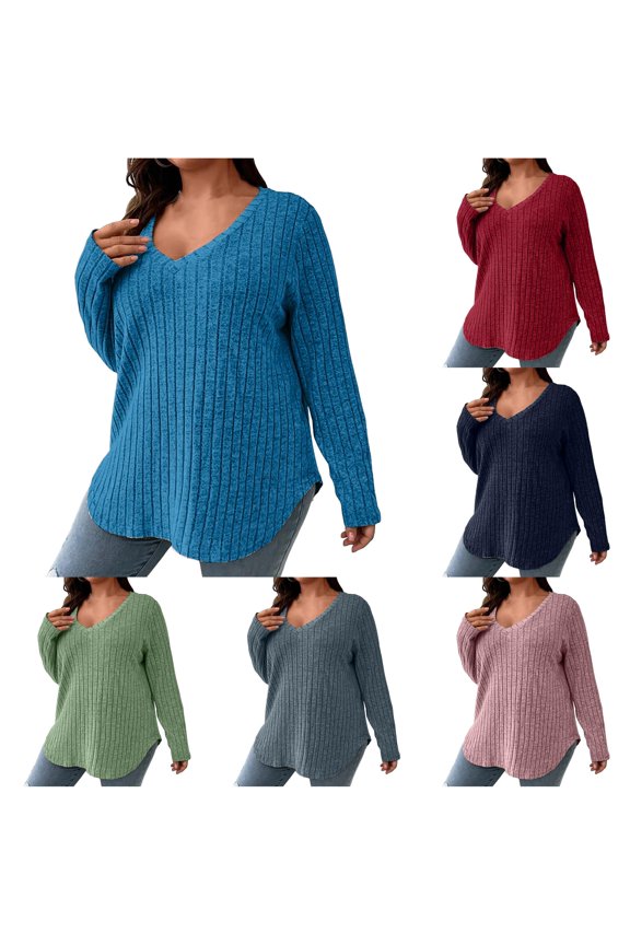 Oversized Sweaters for Women Curved Hem Tunic Tops Loose Fit Long Sleeve V Neck Pullover Plus Size Sweatshirt