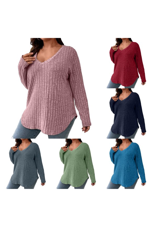 Oversized Sweaters for Women Curved Hem Tunic Tops Loose Fit Long Sleeve V Neck Pullover Plus Size Sweatshirt