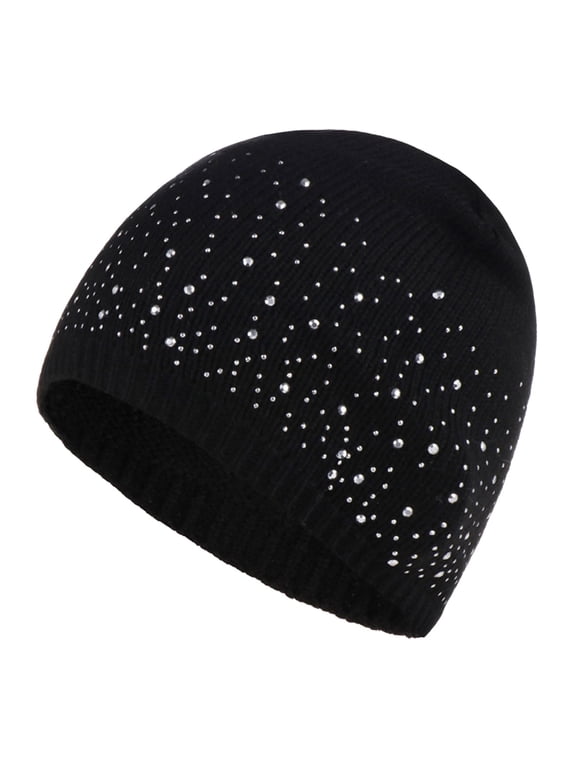 Rhinestone Beanie for Women Lined Knit Hat Sparkly Pullover Winter Warm Cap