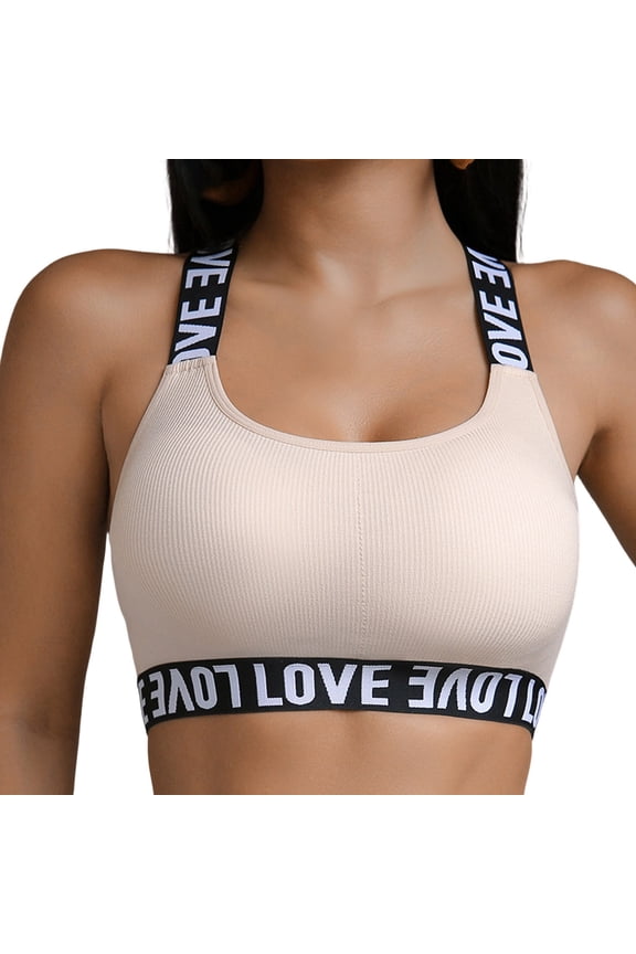 Seamless Back Bralette Stretch Letter Band Wireless Support Beige L