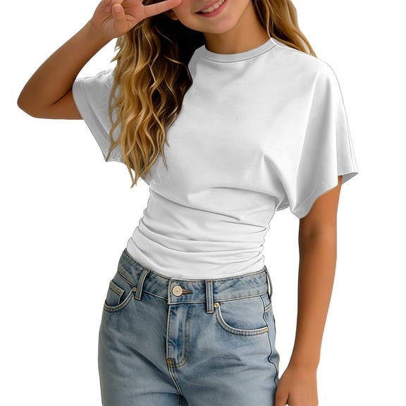 Luvior Girls Batwing Sleeve T-Shirt, Twisted Hem Boxy Fit, Everyday Casual, White, Size 10-11 Years