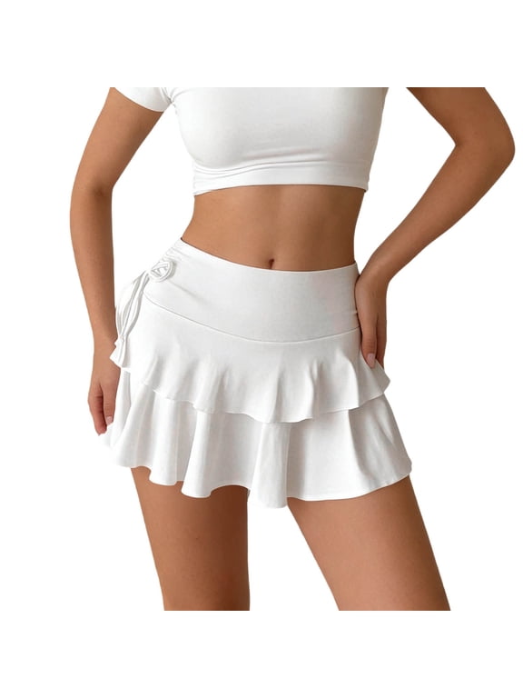 Tiered Ruffle Skort with Shorts Cute Side Bow Tie Mini Skirt White S