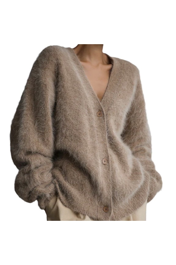 Woman V-Neck Oversized Long Sleeve Button Down Flexible Solid Sweaters Fall Loose Fit Casual Top