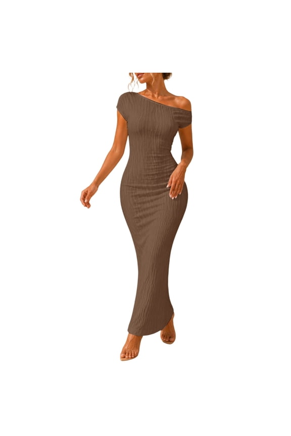 Women Asymmetric Ruffle Shoulder Dress Solid Water Pattern Long Gown Polyester Lightweight Breathable Resort Vacation Daily Outfit with Ruffles Khaki S