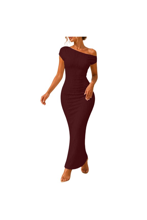 Women Asymmetric Ruffle Shoulder Dress Solid Water Pattern Long Gown Polyester Lightweight Breathable Resort Vacation Daily Outfit with Ruffles Red XL