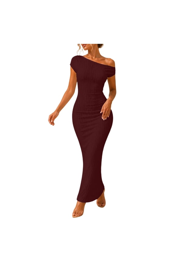 Women Asymmetric Ruffle Shoulder Dress Solid Water Pattern Long Gown Polyester Lightweight Breathable Resort Vacation Daily Outfit with Ruffles Red S