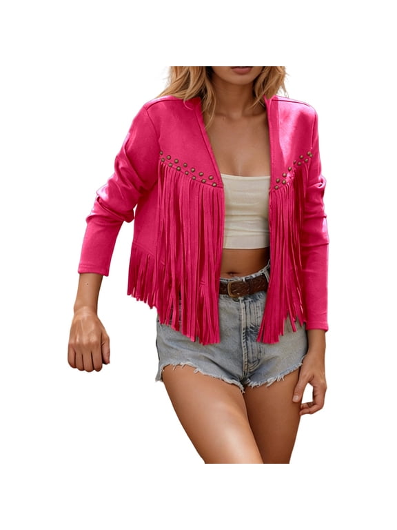 Women Casual Fringe Cropped Jacket Open Front Boho Cardigan Outerwear Hot Pink M