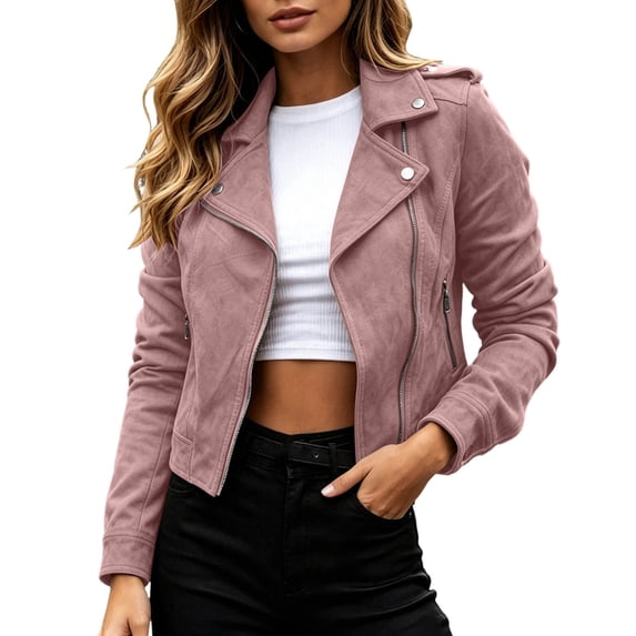 Luvior Women Casual Zip Up Short Jacket Notched Lapel Lightweight Everyday Coat Pink L