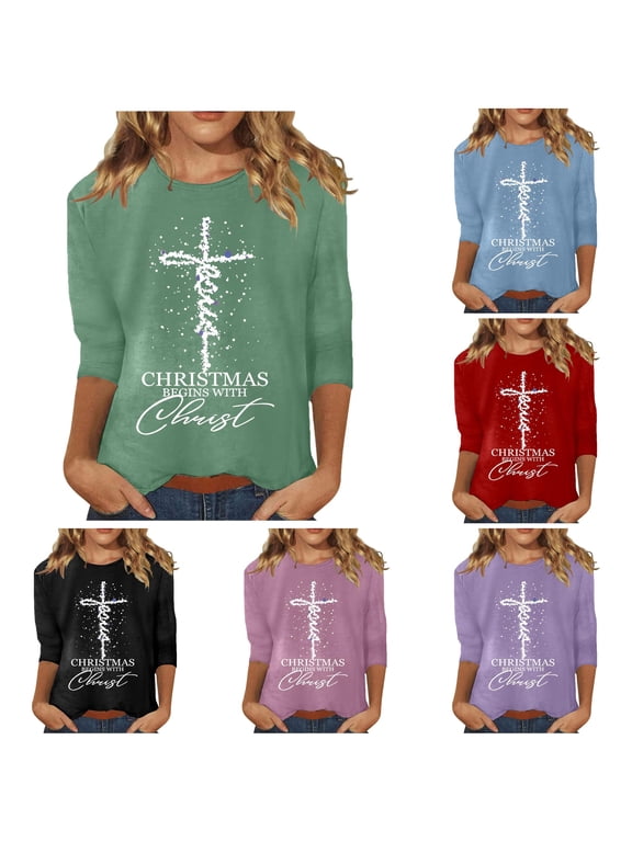 Women Easter Day Tops Jesus Cross Printed Tee Casual Christian Blouse 3/4 Sleeve T-Shirt Religious Blouses