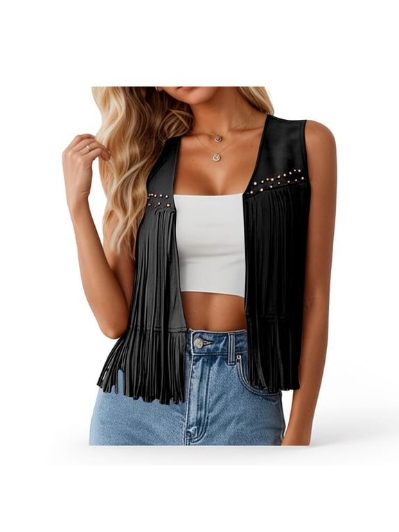 Women Fringe Vest Jacket Boho Sleeveless Top Hippie Style Casual Outerwear Black XL