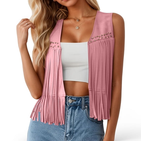 Luvior Women Fringe Vest Jacket Boho Sleeveless Top Hippie Style Casual Outerwear Pink M