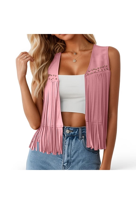 Women Fringe Vest Jacket Boho Sleeveless Top Hippie Style Casual Outerwear Pink S