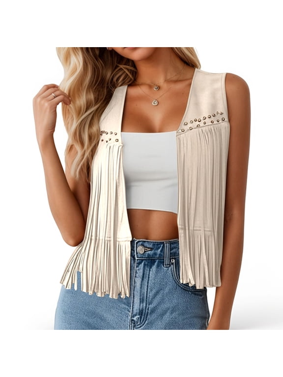 Women Fringe Vest Jacket Boho Sleeveless Top Hippie Style Casual Outerwear White M