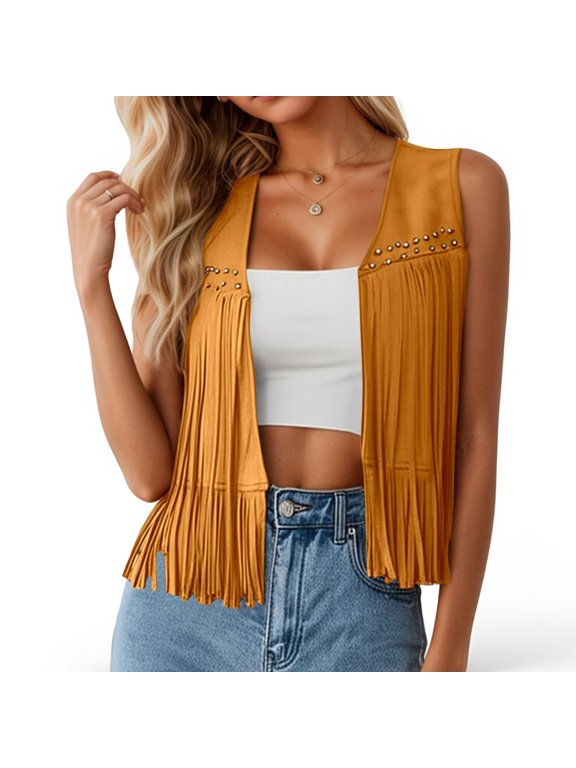 Women Fringe Vest Jacket Boho Sleeveless Top Hippie Style Casual Outerwear Yellow XXL