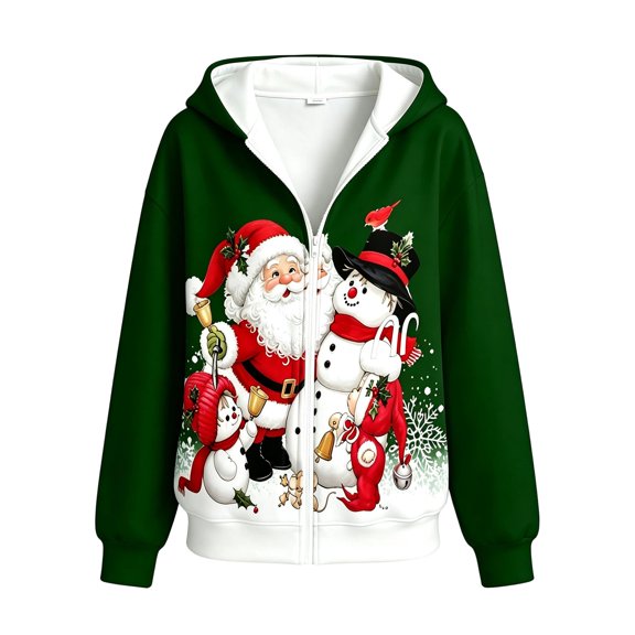 Luvior Women Zip Up Hoodie Christmas Tree Print Novelty Hooded Sweatshirt Casual Coat Dark Green XXXXL