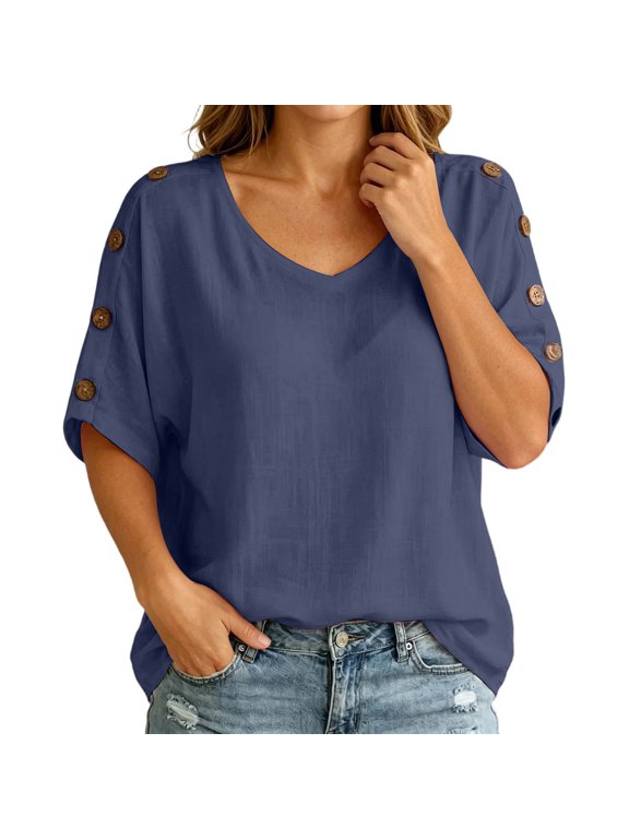 Women‘s Casual Loose Button Up Shirt – Short Sleeve Tunic Blouse with Front Pocket Relaxed Summer Top BlueA XXL