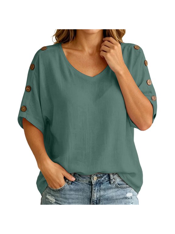 Women‘s Casual Loose Button Up Shirt – Short Sleeve Tunic Blouse with Front Pocket Relaxed Summer Top Dark GreenA M