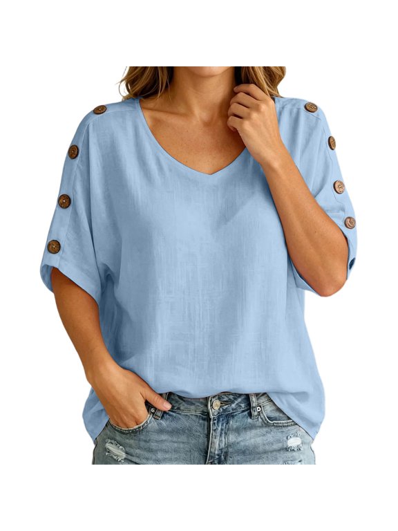 Women‘s Casual Loose Button Up Shirt – Short Sleeve Tunic Blouse with Front Pocket Relaxed Summer Top Light BlueA S