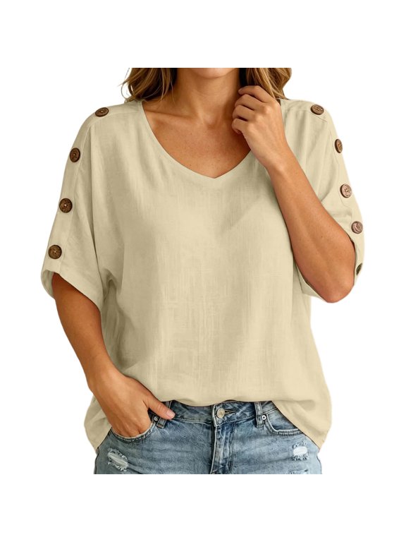 Women‘s Casual Loose Button Up Shirt – Short Sleeve Tunic Blouse with Front Pocket Relaxed Summer Top YellowA S
