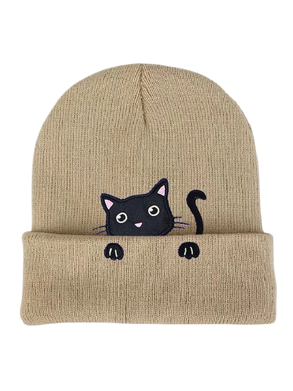 Women's Cat Embroidered Knit Beanie, Winter Hat with Cat Face