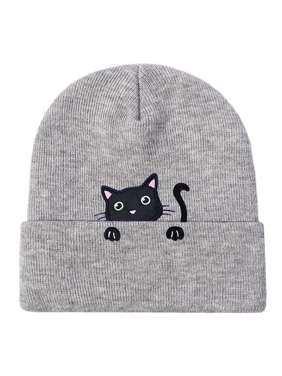 Women's Cat Embroidered Knit Beanie, Winter Hat with Cat Face