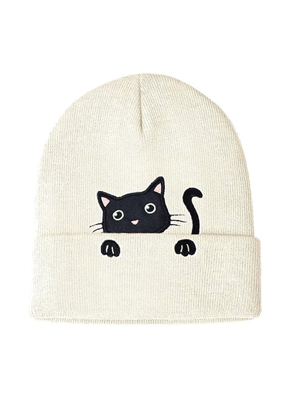 Women's Cat Embroidered Knit Beanie, Winter Hat with Cat Face