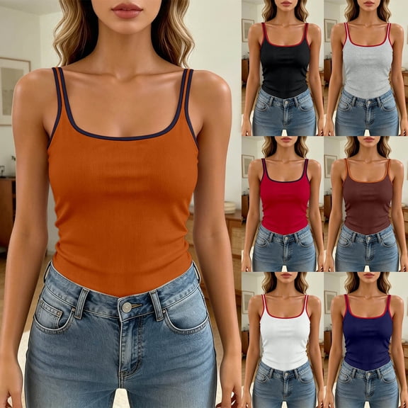 Luvior Women's Color Block Knit Tank Top Built-in Bra Backless Round Neck Fitness Vest Shirt Orange One Size