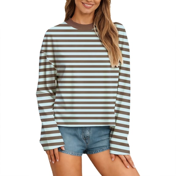 Luvior Women‘s Color Block Long Sleeve Striped T‑Shirt – Loose Fit Crewneck Top with Contrast Design Casual Fall and Spring Wear Mint Green XXL