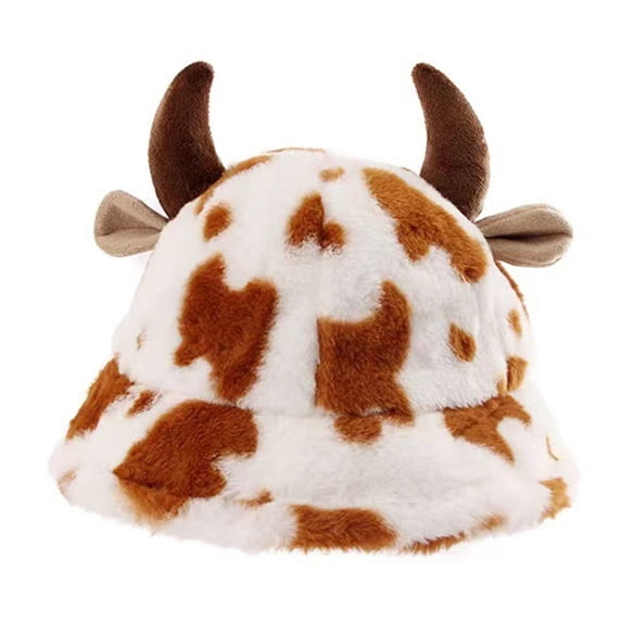 Luvior Women's Cow Print Bucket Hat with Horns and Ears, Plush Fisherman Cap, Winter Hat