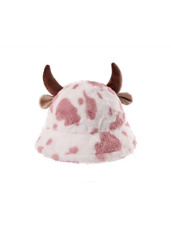 Women's Cow Print Bucket Hat with Horns and Ears, Plush Fisherman Cap, Winter Hat