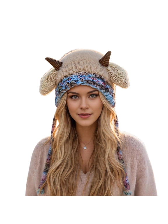 Women's Trapper Hat with Sheep Horns Lined Ear Flap Cap Winter Warm