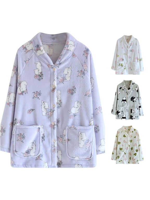 Women's Fleece Pajamas Tops Long Sleeve Button Loungewear With Pockets | Bed Jackets For Women