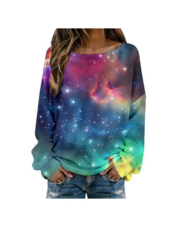 Women's Galaxy Starry Print Sweater Ribbed Knit Long Sleeve Pullover Casual Comfortable Celestial Top Purple S