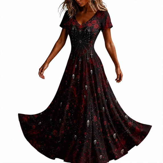 Luvior Women's Halloween Skeleton Maxi Dress V-Neck Short Sleeve Skull Rose Print Long A-Line Gothic Party Dress, Red, Size L