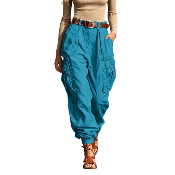Luvior Women‘s High Waist Wide Leg Cargo Pants – Non-Stretch Loose Fit Casual Trousers with Multiple Pockets Comfortable Everyday Wear BlueB XL