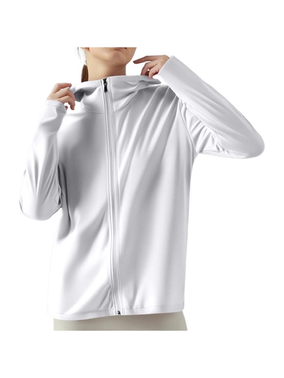 Women's Ice Silk Hooded Sunscreen Jacket – Solid Color Lightweight UPF 50+ Protective Outdoor Cover Up for Summer White XXXL