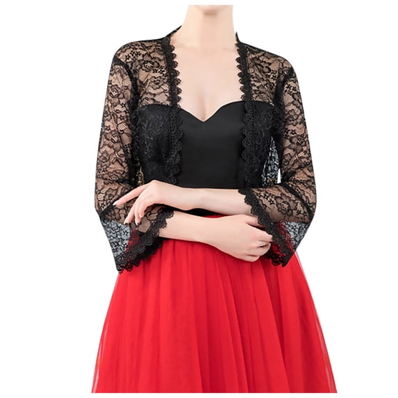 Luvior Women's Lace Shoulder Flared Sleeve Cardigan – Multicolor Everyday Lace Shrug with Trumpet Sleeves Black One Size
