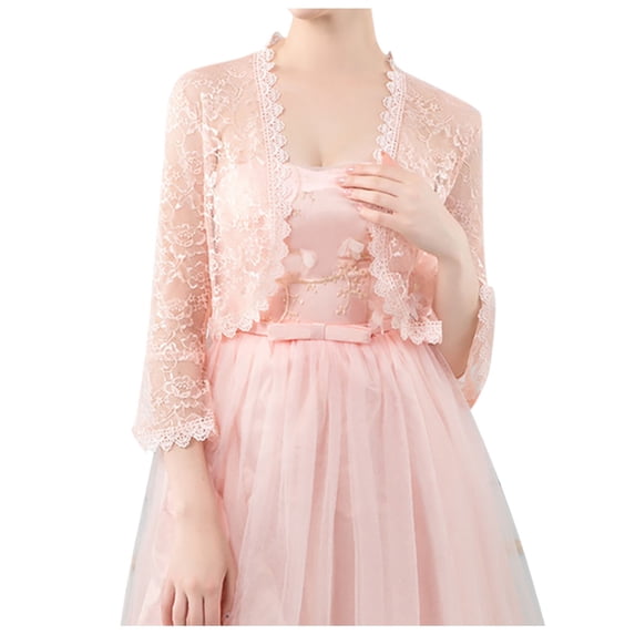 Luvior Women's Lace Shoulder Flared Sleeve Cardigan – Multicolor Everyday Lace Shrug with Trumpet Sleeves Light Pink One Size