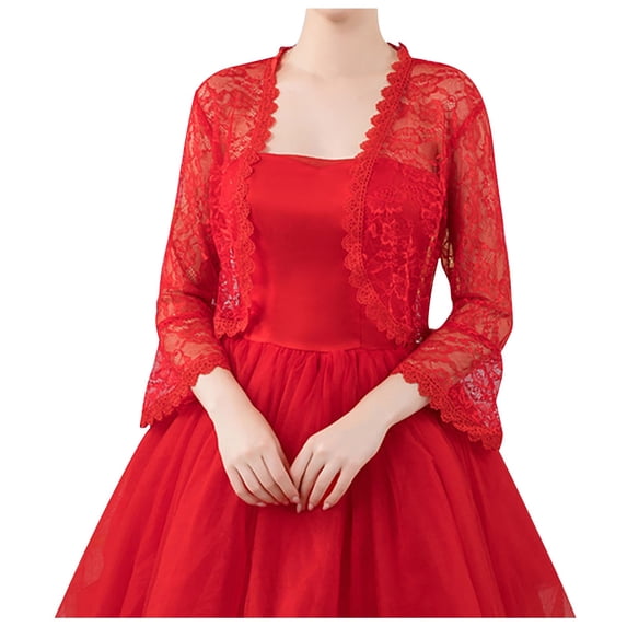 Luvior Women's Lace Shoulder Flared Sleeve Cardigan – Multicolor Everyday Lace Shrug with Trumpet Sleeves Red One Size