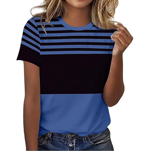 Luvior Women's Loose Fit Round Neck Striped Top Summer Casual Blouse Navy XXXL