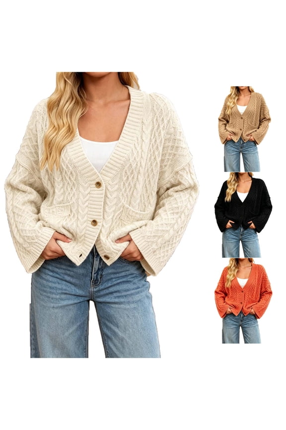 Women's Oversized Button Down Crop Cardigans Cable Knit Long Sleeve Slouchy Sweaters Coat with Pockets