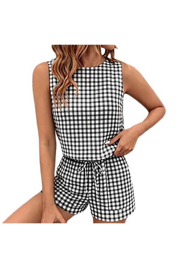 Women's Plaid Vest 2-Piece Summer Shorts Set Casual Coordinated Outfit Black M