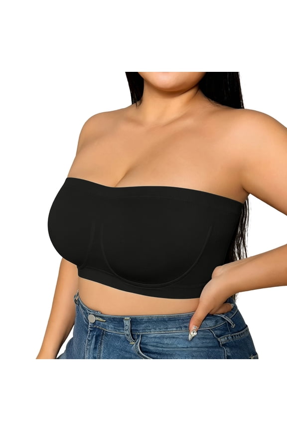 Women’s Plus Size Strapless Non‑Slip Bandeau Bra – Seamless, Front Closure, Large Bust Support Black XXXXXL