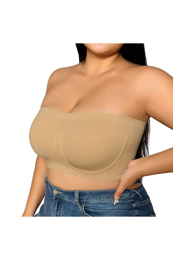 Women’s Plus Size Strapless Non‑Slip Bandeau Bra – Seamless, Front Closure, Large Bust Support Khaki XXXXXXL
