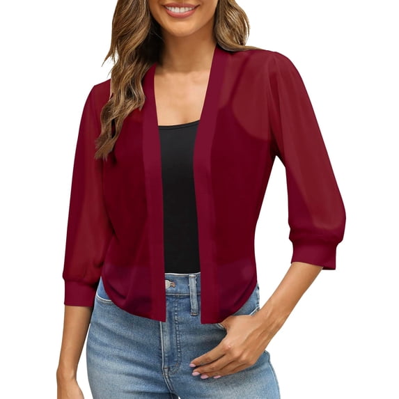 Luvior Women's Puff Sleeve Cropped Bolero (Third Version) â Open Front Summer Sheer Cardigan with Elastic Red XXXL